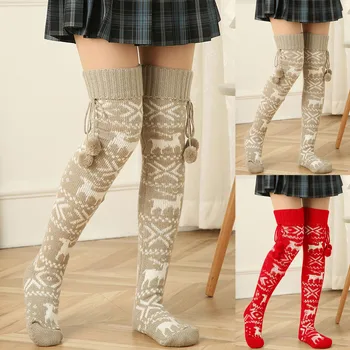 Коледни чорапи, дамски възли дълги чорапи за дамите, зимата на топло вязаный отглеждане, вълнена топка, чорапогащи над коляното