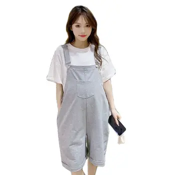 Корейски Стил, всекидневни летен комплект Дрехи за бременни, Бели тениски с къс ръкав + тела Twinset, плюс Размера на гащеризон за бременни, костюм