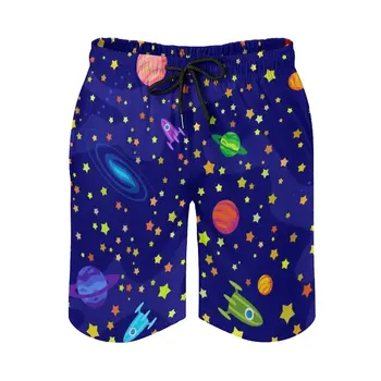 Космически мъжки плажни шорти, къси панталони за каране на сърф, шорти за плуване, бермудски острови, на фона на картината, Планета, спътник,, безшевни космически кораб