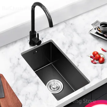 Кухненска мивка Slot Black Nano Single Set от неръждаема стомана, Малка мивка, вградени под маса, Кухненски аксесоари