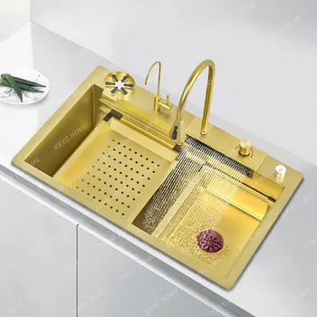 Кухненска мивка Злато 304, Мивка от неръждаема стомана, однощелевой кран с водопад, модерен многофункционален мивка за кухня