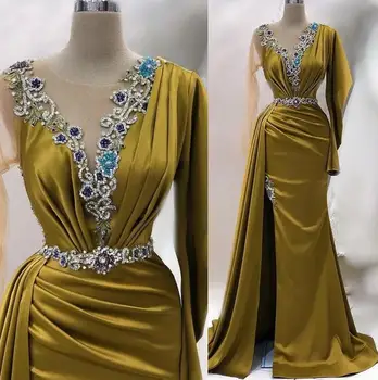 Лаймово-зелена рокля на Русалка за бала с дълъг ръкав, бродирани с мъниста и кристали, с висока цепка, арабски вечерни рокли Aso Ebi