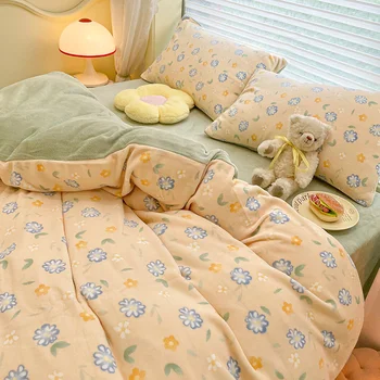 Луксозен комплект спално бельо, зимни изолирана млечни кадифе кърпи, Чаршаф, Калъфка за възглавница, Комплект спално бельо за възрастни, комплект завивки за спалня