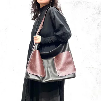 Луксозна дамска чанта от естествена кожа, голяма чанта голям-тоут за пътуване, джоб, централен слой, чанта-кофа от телешка кожа, чанта през рамо