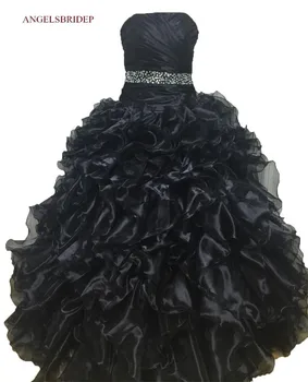 Луксозни буйни черни рокли без презрамки, Vestidos De 15 Anos, вечерни рокли принцеса от блестящ кристал органза, топли