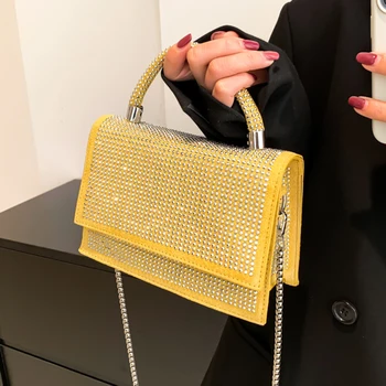 Луксозни дамски чанти с бриллиантовым дизайн, чанти с горната дръжка и възвратна клапа, чанти през рамо верига, чанта през рамо с декорация във формата на кристали, вечерни клатчи за бала