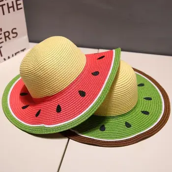 Лятна детска солнцезащитная шапка с голям корниз под формата на диня за момичета, родители, деца, майки и дъщери, солнцезащитная шапка за плажни пътуване, празнична сламена шапка