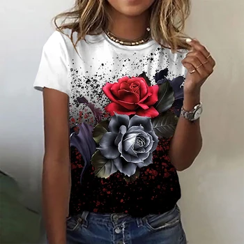 Лятна новост, ослепителен принт на рози, модни дамски градинска ежедневни тениска с къс ръкав и кръгло деколте, тънка удобна тениска XS-8XL