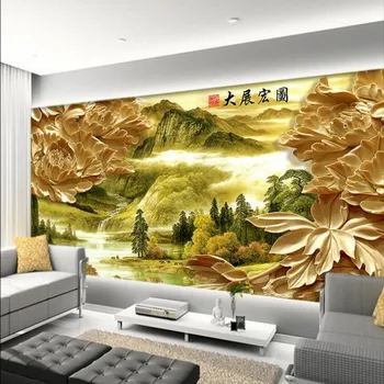 мащабната фресковая изложба wellyu по поръчка, велик триизмерен божур, на фона на телевизор в хола, нетъкан тапет