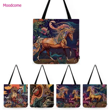 Многоцветни конски животни с грива, японска дърворезба, художествен стил, водоустойчива чанта за покупки от памук и лен, Уникална и стилна чанта-тоут