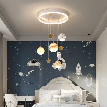 Модерна led полилей със стъклена топка за детска стая, кабинет, спалня, детска Планета, монтаж на таван лампа с космонавт, декоративни осветителни тела