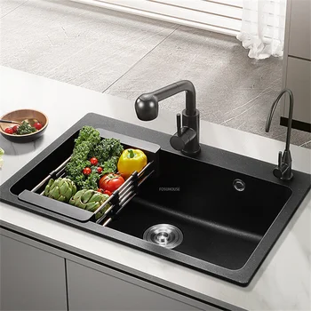 Модерна купа за кухненски мивки от черни гранитни камъни, Предмети от бита, Кухненска мивка с аксесоари за източване