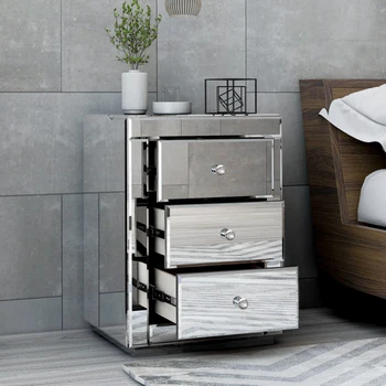 Модерна огледален шкаф с 3 чекмеджета за съхранение на дневна/спалня, Кристални копчета, Сребрист цвят