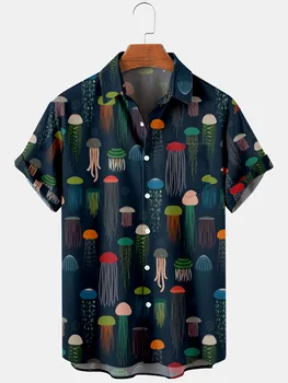 Мъжки ежедневни тенденция 2021, пролетно-лятна риза в клетката с изображение на медуза в стил харадзюку, къс ръкав, дизайн на джоба на гърдите, модни пуговица