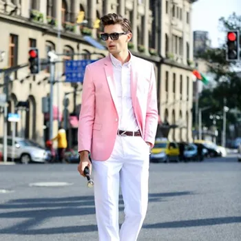 Мъжки приталенные костюми Розово яке с бели панталони Градинска мода, Мъжки официални сватбени костюми по поръчка от една пуговицей Terno Masculino