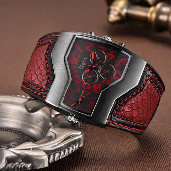 Мъжки часовник Oulm с две часови зони кварцов часовник с широка каишка от изкуствена кожа Модерен ръчен часовник
