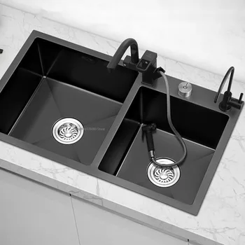 Нано Черна кухненска мивка с двойно канавката, Кухненска мивка за измиване на ръцете, на Платформа от неръждаема стомана 304, Управление на големи мивки, Кухненско оборудване