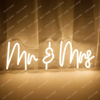 Неонова светлинна табела Mr And Mrs с регулируема яркост на LED Flex Неоновите стенен декор Светлинна табела за сватбеното парти с подсветка Сватбена табела Mr Mrs