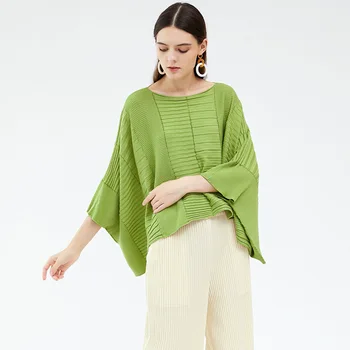 Нов топ Miyake с кръгло деколте и ръкави-доломанами, нередовен топ, плиссированный кратък пуловер началото на есента, нишевая модни дамски дрехи