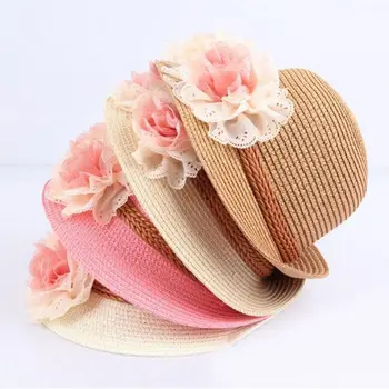 Нова мода за малки момичета, детски лятната сламена шапка с цветя модел, плажна шапка, подарък за деца, 51 см от 5 до 12 години