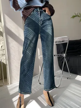 Нови еластични флисовые широки панталони с прав штанинами и универсални дънки с висока талия
