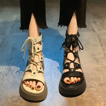 Новост 2022 г., дамски сандали на платформа с каишка на щиколотке и ключалката на равна подметка средна височина, през цялата чорап, обикновен дамски сандали с пръстен, платформа