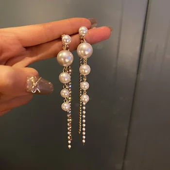 Обеци с перли и дълъг пискюл, луксозни висящи обеци с кристали за жени, Нови Бижута