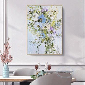 Обичай плакат с красива флорална декорация, живопис с маслени бои 100% ръчна изработка, абстрактни дебели текстурирани цветя, стенно изкуство, интериорна картина