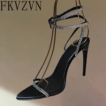 Пикантни сандали с един колан, кристали и веригата, обувки-гладиатори на висок ток-висок ток с отворени пръсти, вечерни обувки с кристали и джапанки за жени