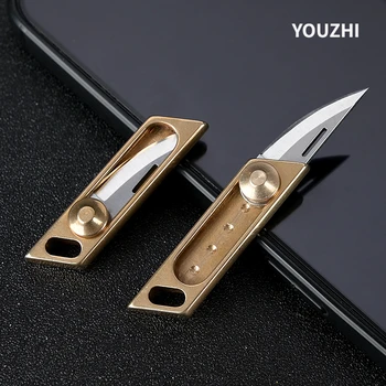 Портативни циркулярни ножове за рязане на хартия Mini EDC с острие от стомана 7Crt, Месинг джобен сгъваем ключодържател, Нож с разтегателен острие