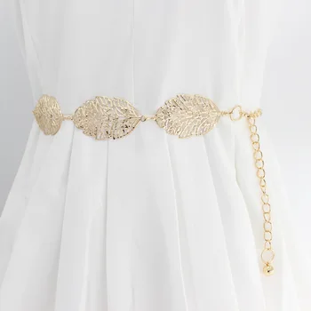 Пояс с метални листа, кухи сребристо-златна женски колан-верига, женствена рокля, декоративен колан