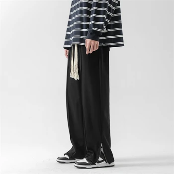 През пролетта на нов модерен дизайн, мъжки свободни директни ежедневни панталони с цепка, японски жокера, широки панталони широките панталони, черен, бял, сив