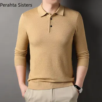 Пролет-есен нова мъжка тениска с дълъг ръкав, трикотажная долната риза на средна възраст, елегантен мъжки пуловер с ревера от овча вълна