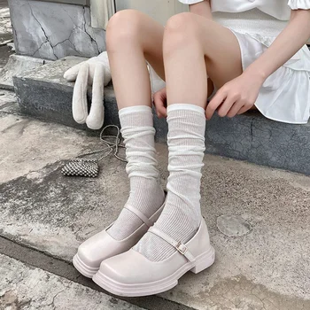 Пролетно-лятна вязаная тампон за жени със стил Miu, модни чорапи Ins от фина прозрачна прежда, дамски чорапи със средна дължина