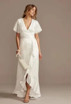 Прост дизайн, атласное сватбена рокля с рюшами, богемные летни плажни рокли за булката дължина до пода