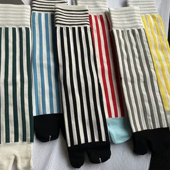 Разноцветни чорапи с пет пръста, шарени памучни чорапи в стил ретро, дамски чорапи-täby, японски стил, средната тръба, чорап с прерязано