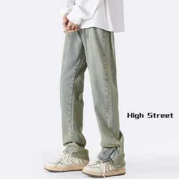 Реколта директни тесни дънки, мъжки градинска облекло в стил ретро, дънки в стил хип-хоп, модни дънкови панталони с цепка с цип и отворени вилица