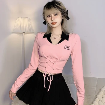 Реколта женска риза Y2K контрастен цвят в стил мозайка с отложным яка, вязаный пуловер, дълъг ръкав, тънка талия от дантела в розов топ съкратен