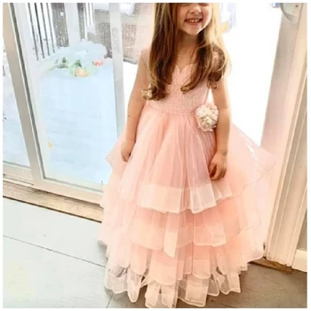 Розови на много нива рокля с цветя модел за момичета с 3D цветя, тюлевые рокли с прозрачно деколте, сватбени рокли на принцеси за първо причастие, Конкурс за красота за деца