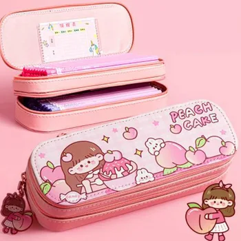 Розово сладко молив случай за момичета, двуслойни молив случай, изкуствена кожа, чанта за офис консумативи с голям капацитет, детски молив случай