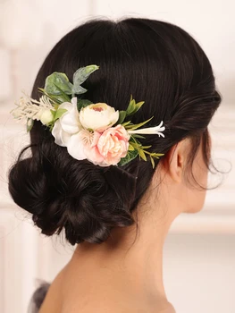 Сватбена гребен за коса с цветя, листа от розови рози, елегантен женски прическа, сватбени аксесоари за коса за булката