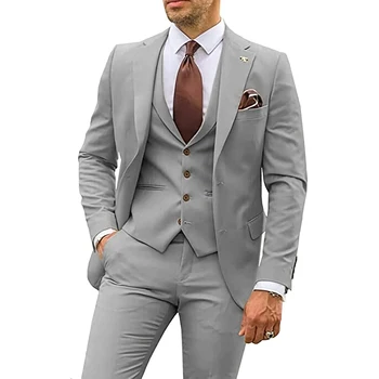 Сиви Мъжки Костюми, Бизнес Ежедневни Смокинги за Младоженеца, празничен костюм и лацканом, 3 предмет (Блейзър + Жилетка + Панталони), оборудвана Костюм Homme 2023