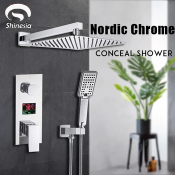 Система Shinesia Chrome Conceal System, смесител за душ в банята с цифров дисплей на температурата, стенни ультратонкая накрайник за душ