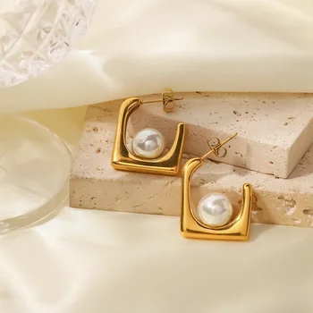 Скъпи френски нови обеци с квадратна лъжица, обеци с бели перли в стил пънк, женски аксесоари
