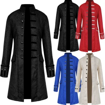 Средновековна палто за възрастни, однотонная модерен мъжки униформи в стил steampunk, реколта яке с висока яка, дълго яке с жаккардовым модел