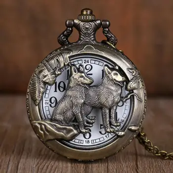 Старинни бронзови джобни часовници Wolf с кух кварц, окачване, женски мъжки джобен часовник, подаръци за веригата-брелоком
