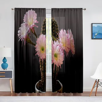 Суккулентный кактус, зелено растение, тюлевые завеси с цветя за всекидневната, спалнята, кухненския интериор, прозрачни вуалевые завеси за обработка на прозорци