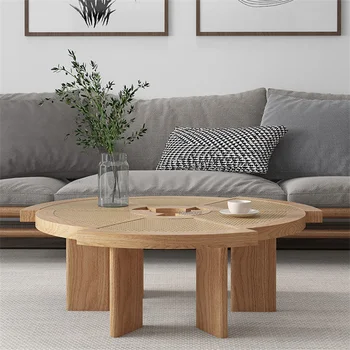 Съвременен японски стил, холна масичка за дневна от масивно дърво и ратан, Мебели за дома, лесен, креативен диван, приставной масичка, Кръгли Ниски маси