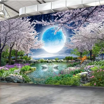 тапети wellyu за дома по поръчка, Лунен цвете, добра луна, кръгло черешово дърво, пейзаж живопис, ТЕЛЕВИЗИЯ-на фона на стена