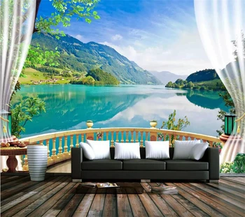 тапети wellyu на поръчка papel de parede 3D фотообои гора балкон езеро, синьото небе, бистрата вода, бели облаци река тапети